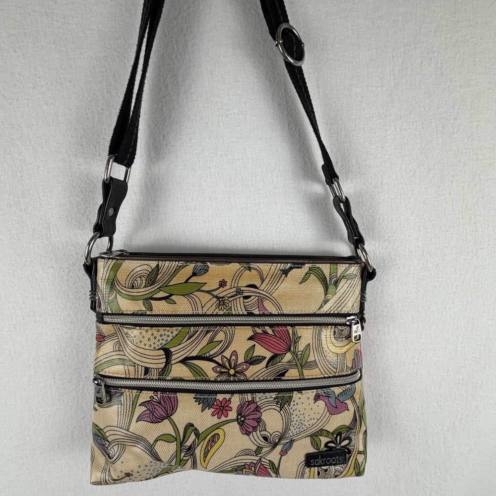 Sakroots Artist Circle Basic Ivory Bird Flower Crossbody Bag Handbag Zipper Boho